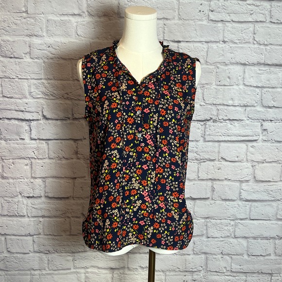 LOFT Floral Sleeveless Blouse Women's Size Small Navy Multicolor Print - Picture 1 of 6